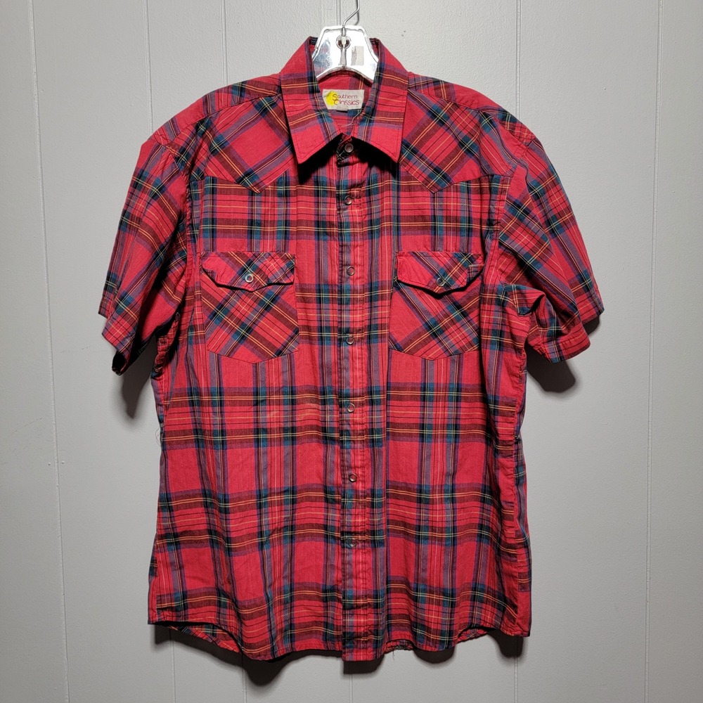 Vintage Southern Classics Men's Red Plaid Short‎ Sleeve Western Shirt Snaps L